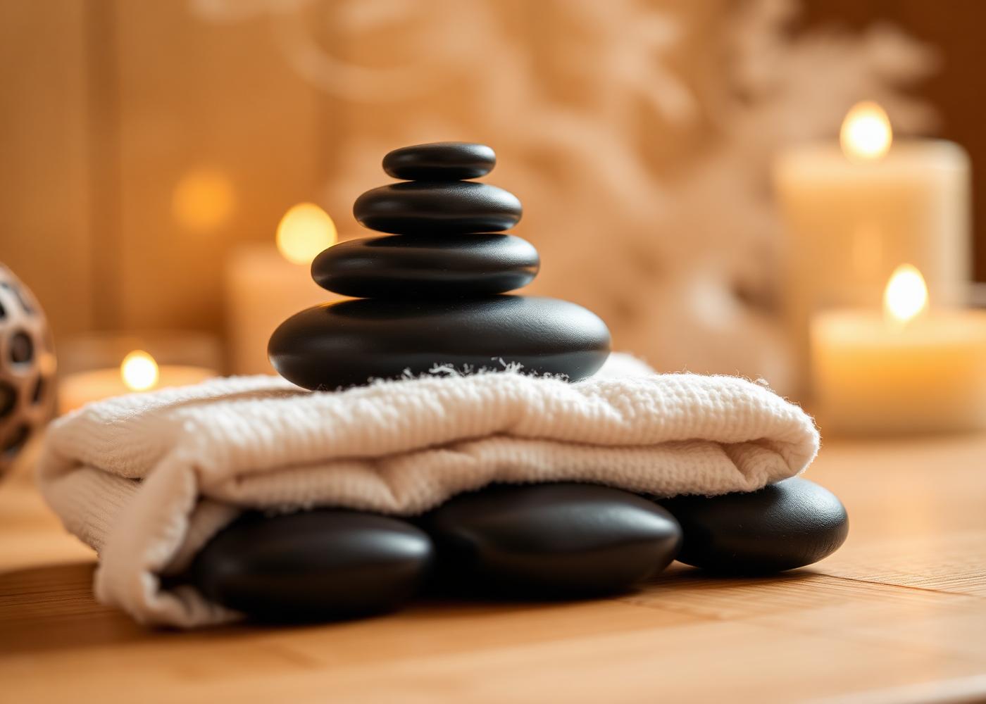 Stacked hot basalt stones on a folded towel beside warm candles